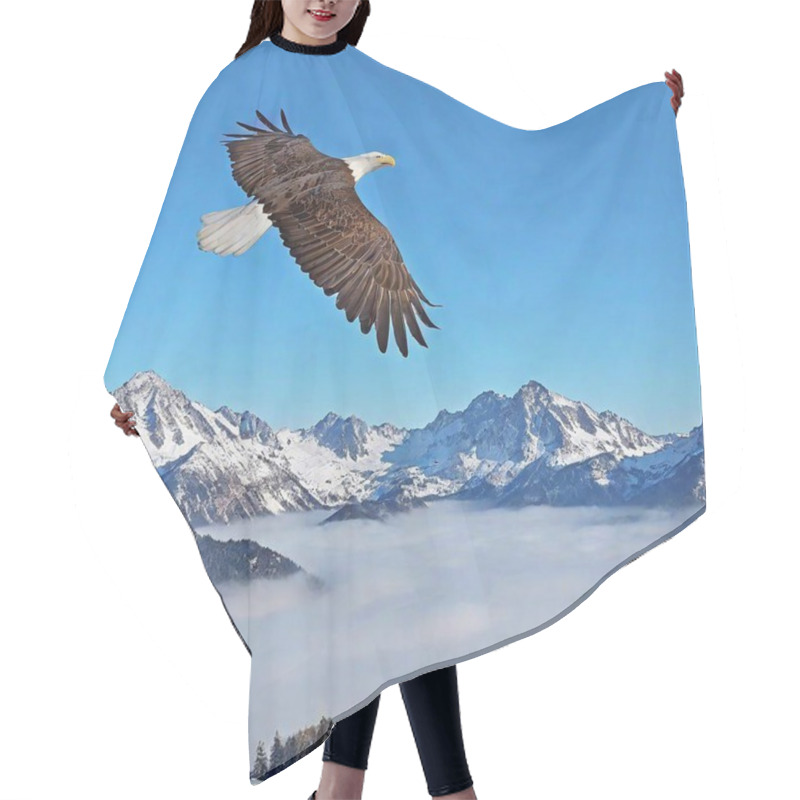 Personality  Eagle Flying Above A Snowy Mountain Lake In The Alps Hair Cutting Cape