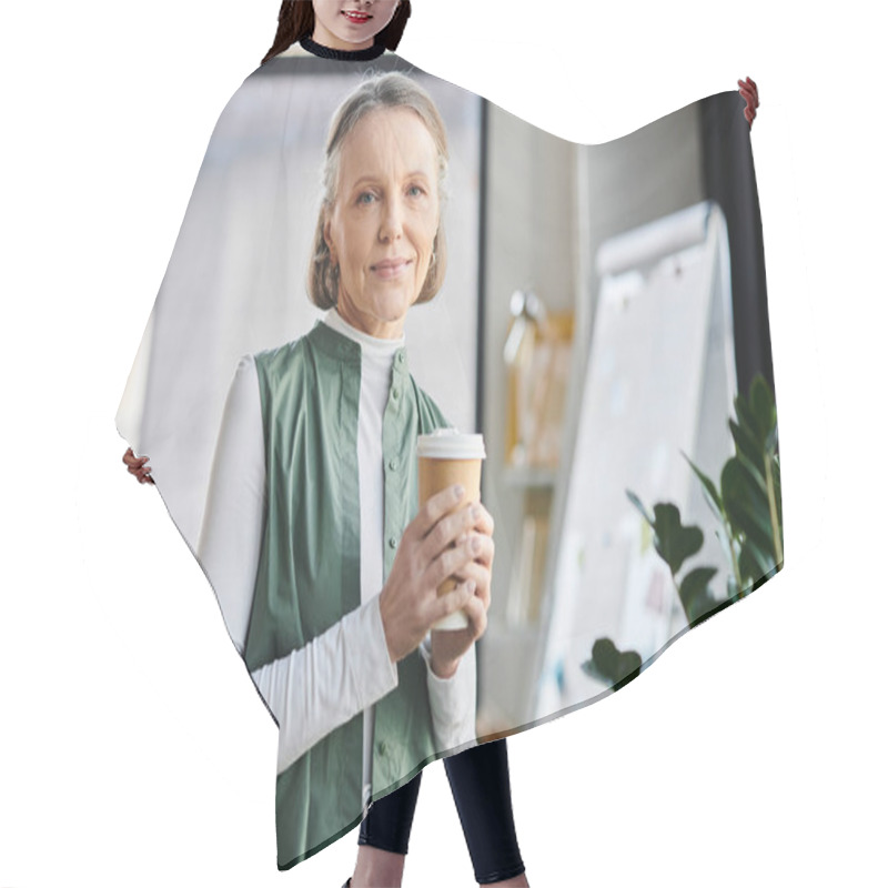 Personality  Businesswoman Holds A Coffee Cup And Looking At Camera. Hair Cutting Cape