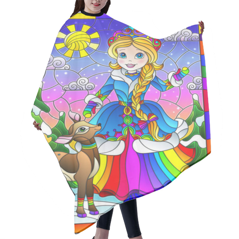 Personality  An Illustration In The Style Of A Stained Glass Window On The Theme Of Winter Holidays, A Cheerful Cartoon Of A Girl And A Fawn, Against The Background Of A Winter Day Landscape In A Bright Frame Hair Cutting Cape