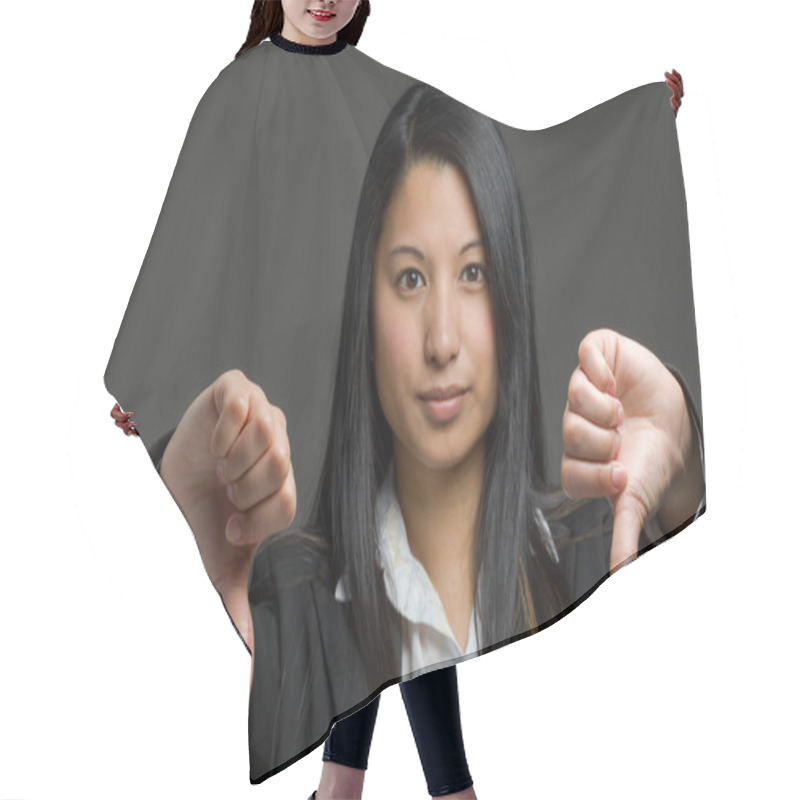 Personality  Model Gesturing Thumbs Down Hair Cutting Cape