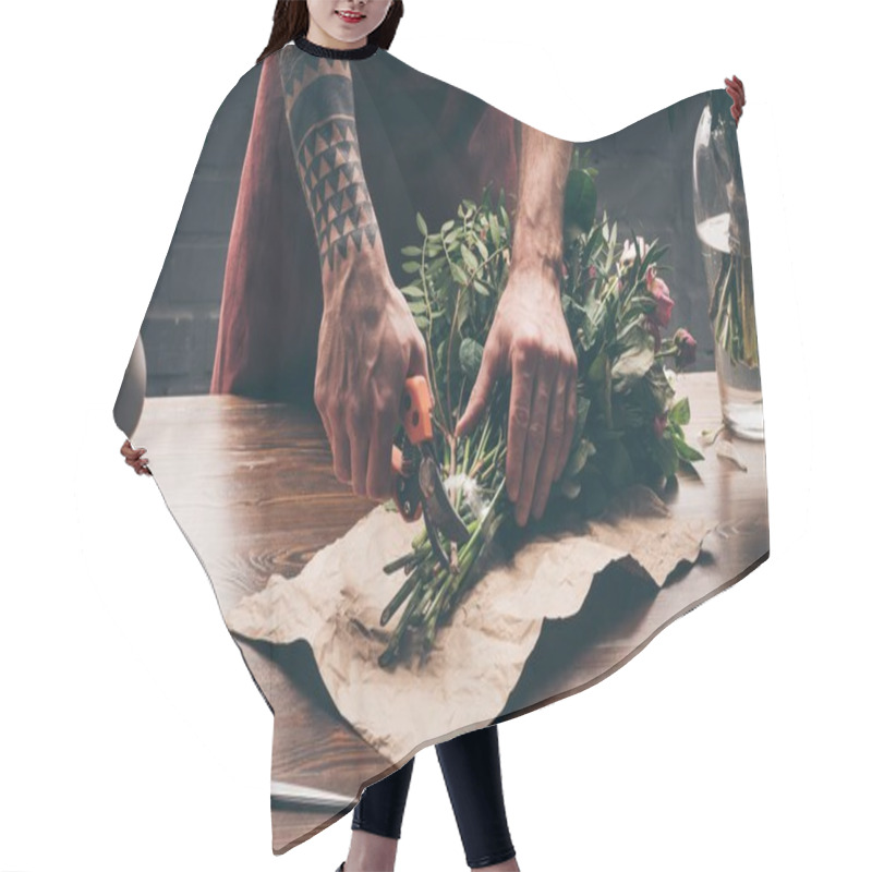 Personality  Cropped Image Of Male Florist Cutting Stalks With Pruner Hair Cutting Cape