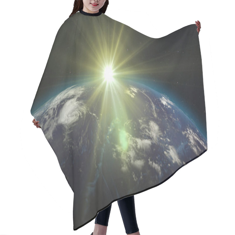 Personality  3D Rendering Earth From Space Against The Background Of The Starry Sky And The Sun. Shadow And Illuminated Side Of The Planet With Cities. Through The Atmosphere Of The Planet Can Be Seen The Sunrise Hair Cutting Cape