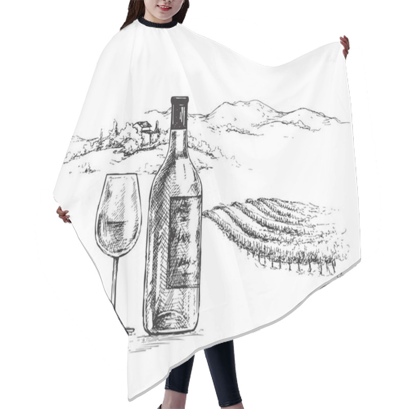 Personality  Hand Drawn Wine Bottle And Glass On Rural Scene Background With Vineyard. Monochrome Rustic Landscape Illustration. Vector Sketch. Hair Cutting Cape