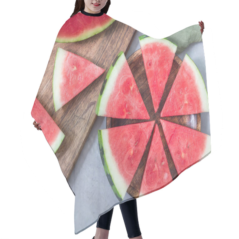 Personality  Slices Of Fresh Seedless Watermelon Cut Into Triangle Shape Laying On A Wooden Plate, Flat Lay, Horizontal Hair Cutting Cape