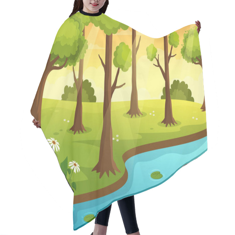 Personality  River Landscape Illustration With View Mountains, Green Fields, Trees And Forest Surrounding The Rivers In Flat Cartoon Hand Drawn Templates Hair Cutting Cape