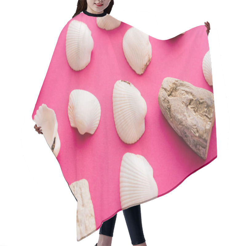 Personality  Top View Of White Seashells And Stones On Pink Background  Hair Cutting Cape