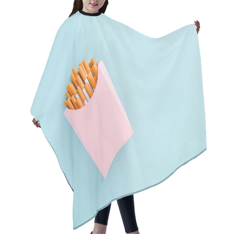 Personality  Top View Of Cigarettes Packed In Paper Box Isolated On Blue With Copy Space, French Fries Concept Hair Cutting Cape