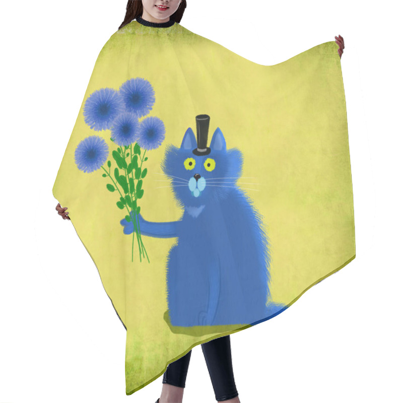 Personality  Blue Cat With Top Hat Holding Flowers On Lime Background  Hair Cutting Cape