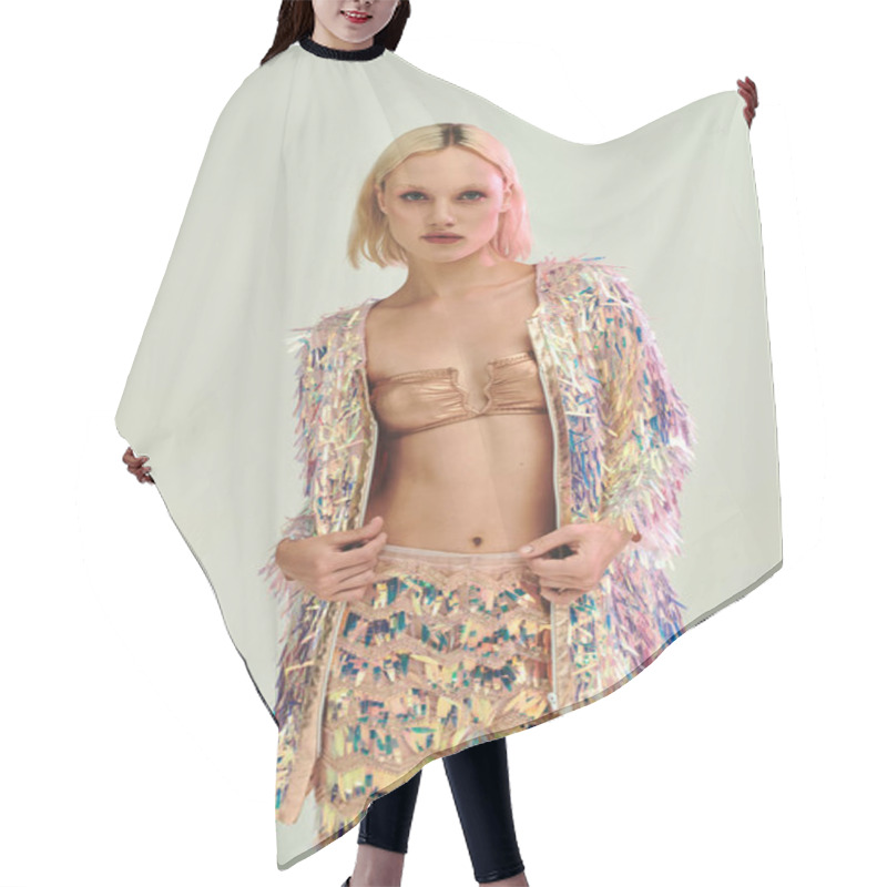 Personality  A Stylish Young Woman Showcases Holographic Fashion With Confidence. Hair Cutting Cape