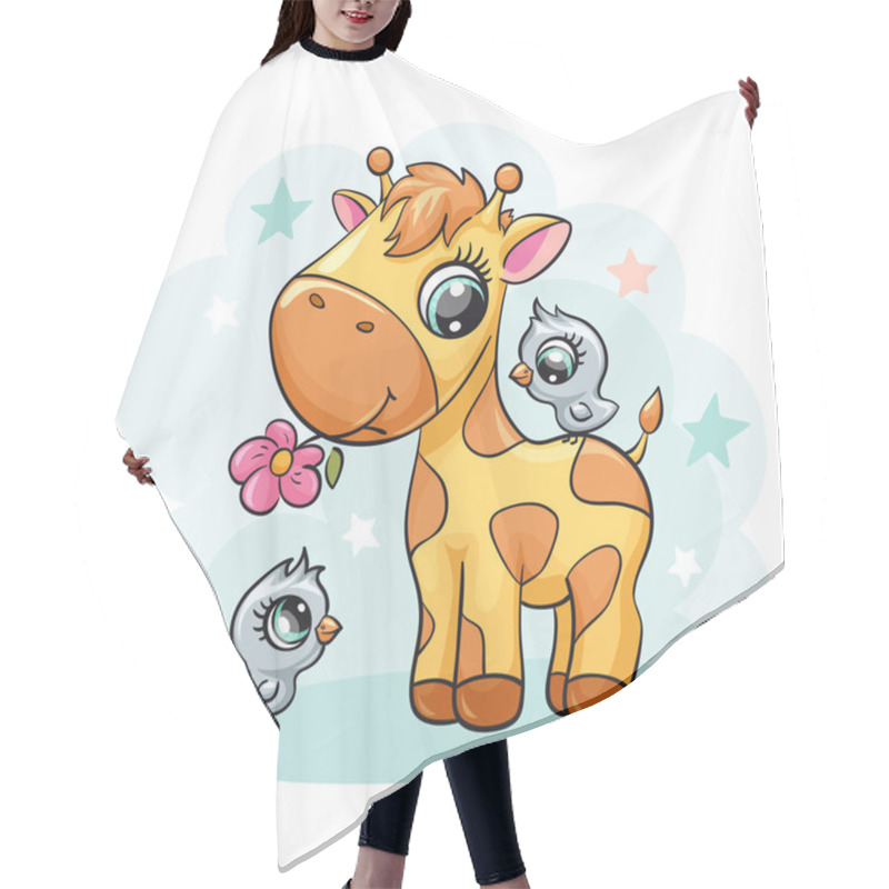 Personality  Giraffe Baby With Bird And Flower Cute Print. Sweet Tiny Friends With Star. Cool African Anima Hair Cutting Cape