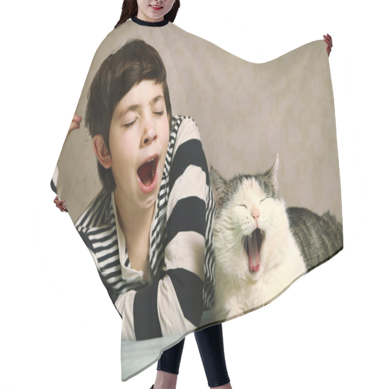 Personality  Boy In Striped Blouse And Siberian Cat Hair Cutting Cape