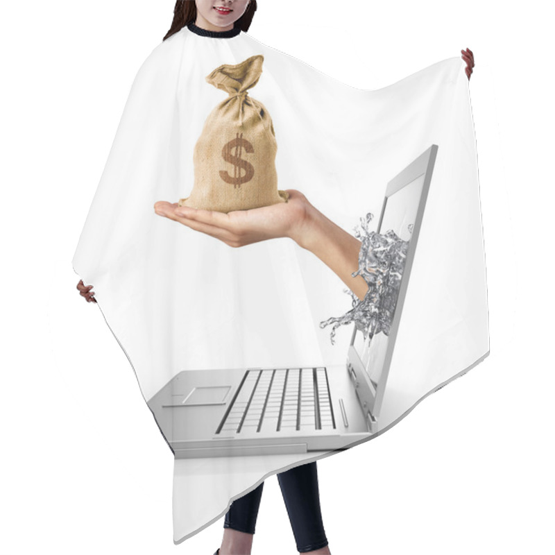 Personality  Human Hand With A Bag Of US Dollars, Coming Out From Computer Sc Hair Cutting Cape