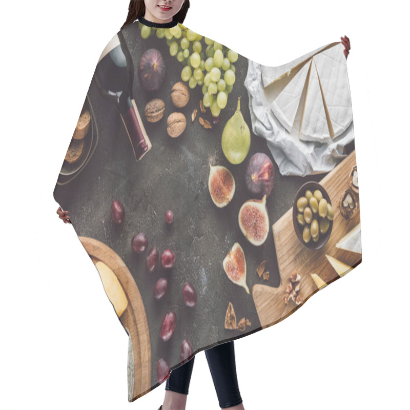 Personality  Top View Of Assorted Cheese, Bottle Of Wine And Fruits On Dark Tabletop Hair Cutting Cape