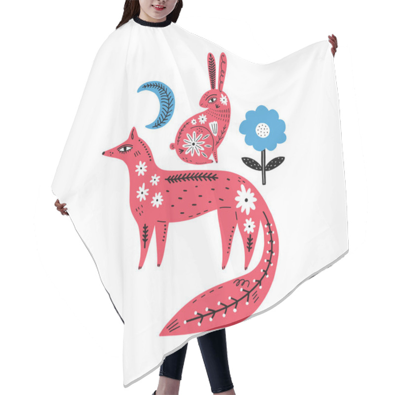 Personality  Modern Folk Tribal Boho Patterned Animals In Scandinavian Style. Floral Slovak Ornament, Inspired By Northern Mythology And Fairy Tales. Swedish Folklore Drawing, Nordic Flowers Pattern. Woodland Characters Concept. Ornate Rabbit And Fox. Vector EPS Hair Cutting Cape