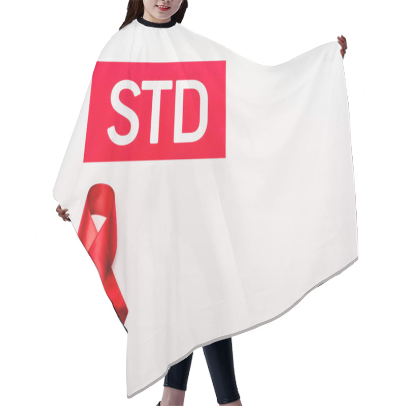 Personality  Top View Of Red Ribbon Near Std Lettering Isolated On White  Hair Cutting Cape