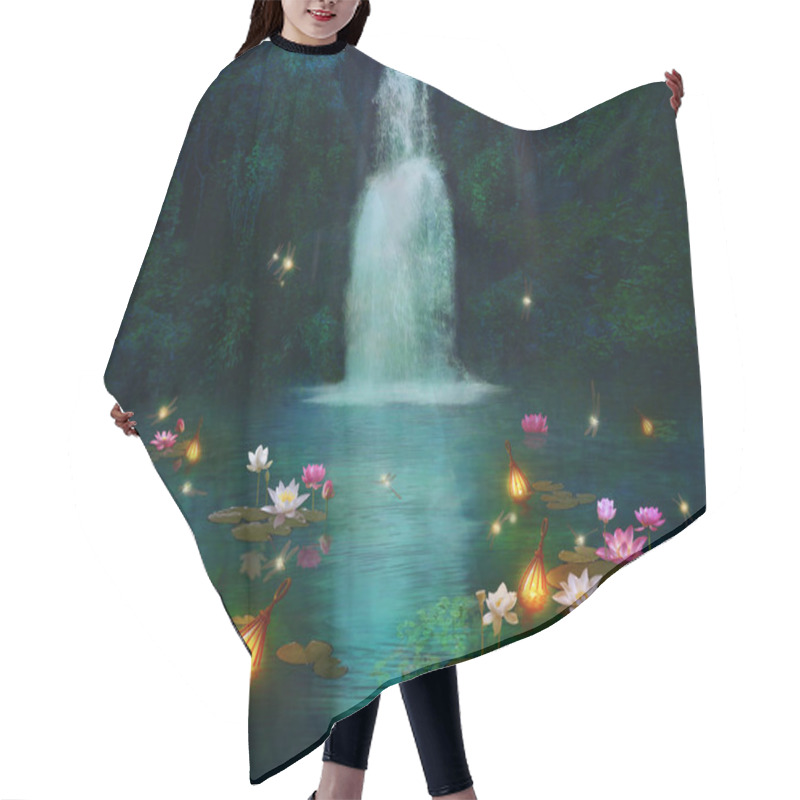 Personality  Waterfall, Lilies And Floating Lamps At Night Hair Cutting Cape