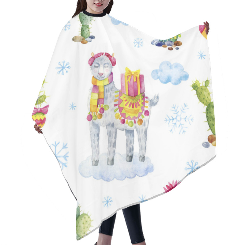 Personality  Cute Seamless Christmas Pattern. Llamas, Cacti And Snowflakes Hair Cutting Cape