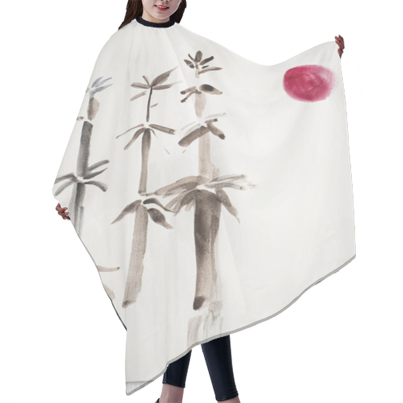 Personality  Top View Of Paper With Japanese Painting With Bamboo, Pink Sun And Seal On Wooden Background Hair Cutting Cape