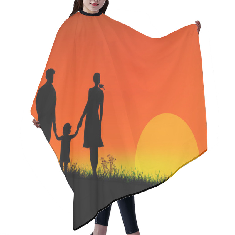 Personality  Happy Family On A Sunset Background.Earth Day. Hair Cutting Cape