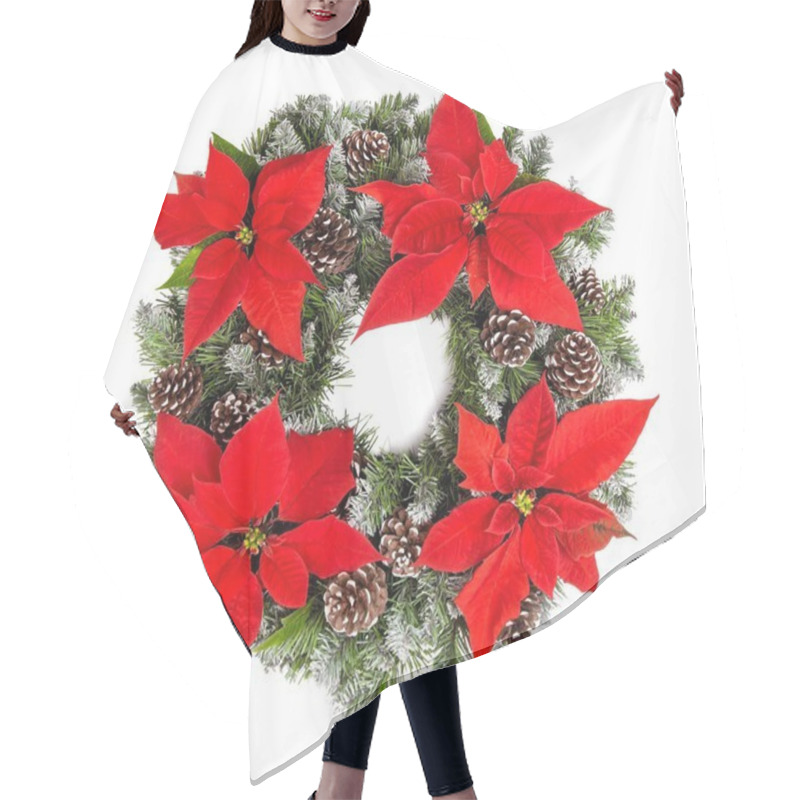 Personality  Christmas Wreath Red Poinsettia Flowers Isolated White Backgroun Hair Cutting Cape