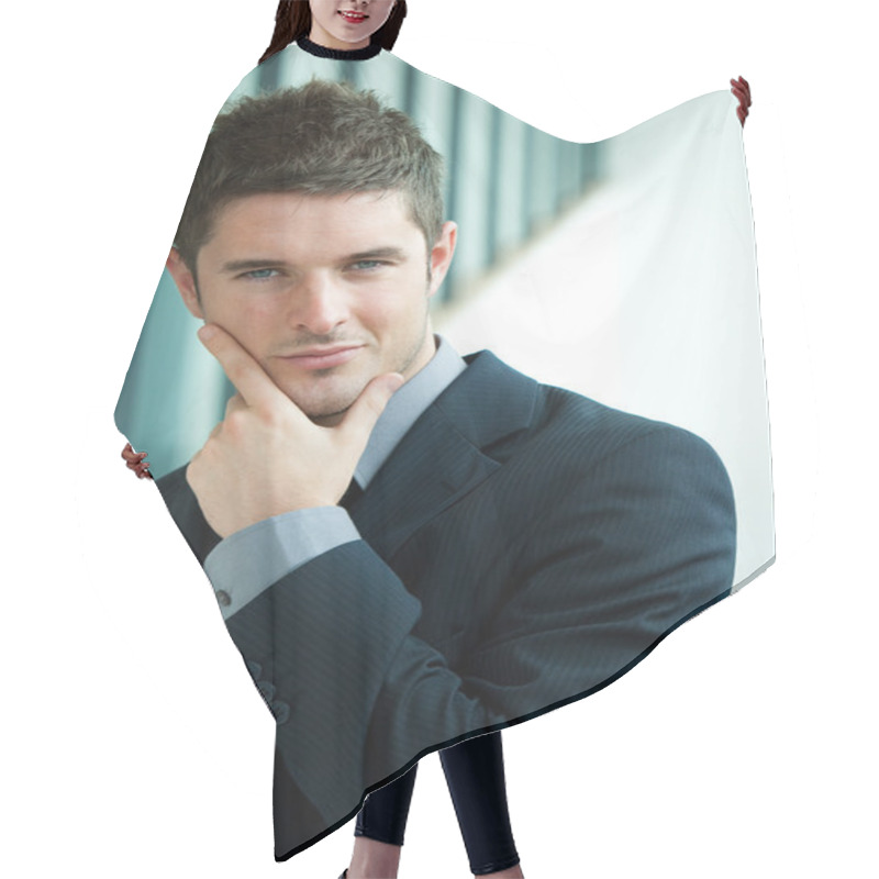 Personality  Attractive Businessman Smiling At The Camera Hair Cutting Cape