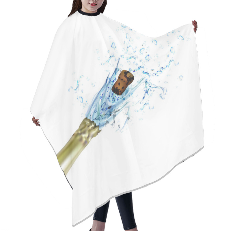 Personality  champagne bottle with splash on white background hair cutting cape