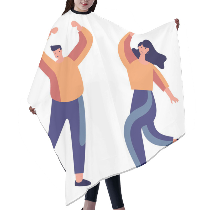 Personality  Two People Dancing Joyfully With Arms Up, Male And Female Happy Dancers. Casual Clothing, Fun Activity, Joyful Mood Vector Illustration. Hair Cutting Cape