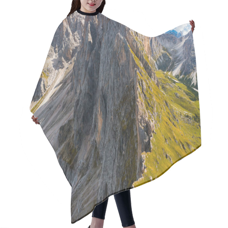 Personality  Rocky Seceda Mountain Range Slope Covered With Fresh Green Grass In Shadow. Scenic Wild Nature Of Italian Alps On Sunny Summer Day Aerial View Hair Cutting Cape