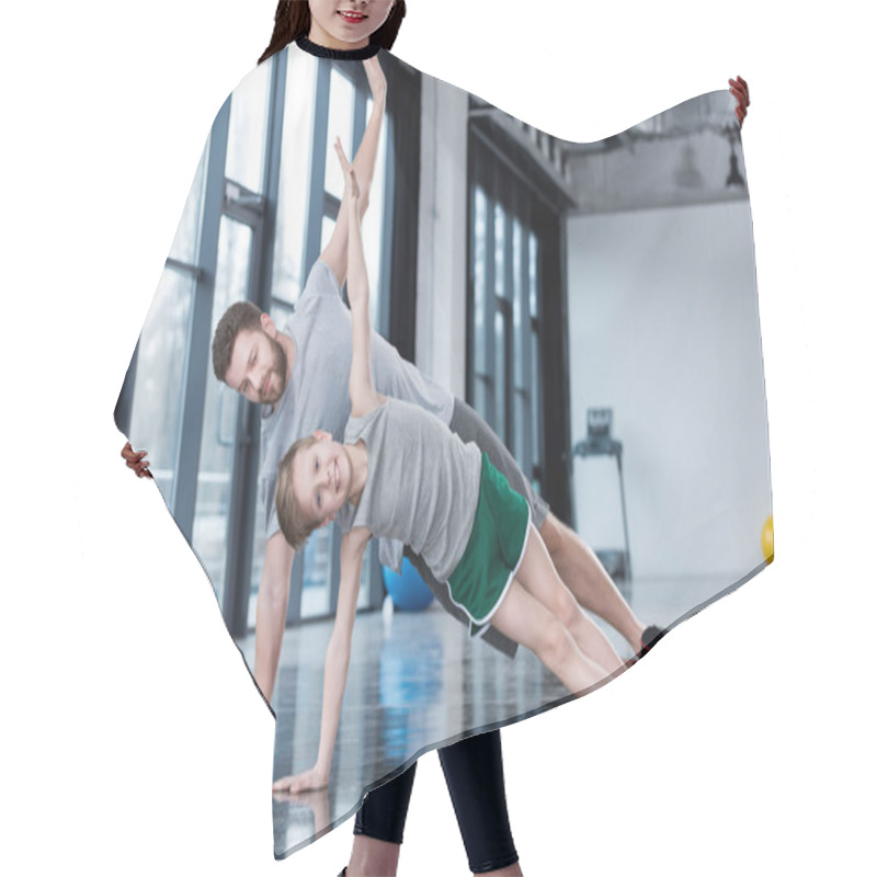 Personality  Man And Boy Doing Plank Exercise Hair Cutting Cape