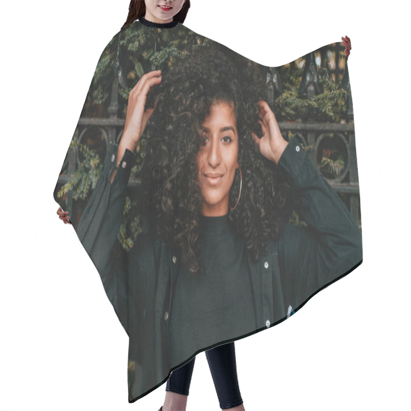 Personality  Portrait Charming Young African Woman With Curly Hair, Street Style Hair Cutting Cape