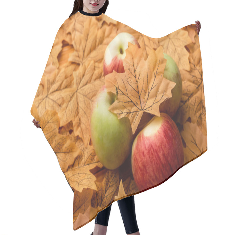 Personality  Selective Focus Of Ripe Tasty Apples And Autumnal Leaf Hair Cutting Cape