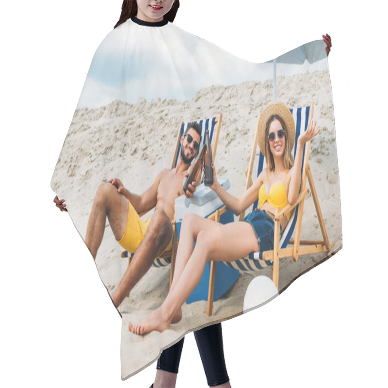 Personality  Beautiful Young Couple With Beer Bottles Relaxing In Sun Loungers On Sandy Beach Hair Cutting Cape