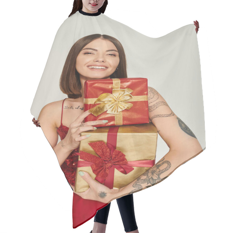 Personality  Attractive Cheerful Woman Holding Pile Of Presents And Smiling At Camera, Holiday Gifts Concept Hair Cutting Cape