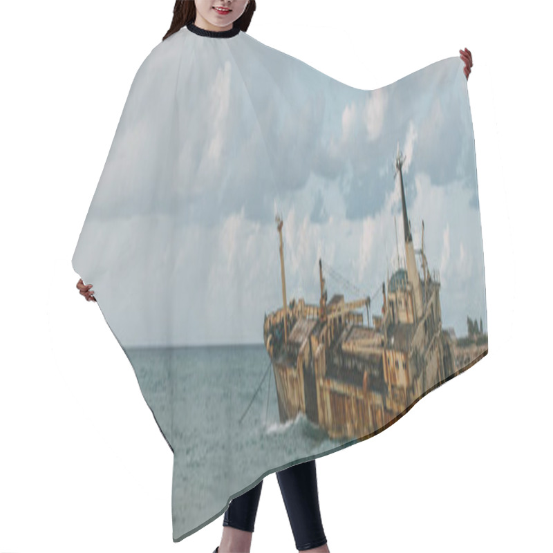 Personality  Panoramic Shot Of Rusty Ship In Blue Water Of Mediterranean Sea Hair Cutting Cape