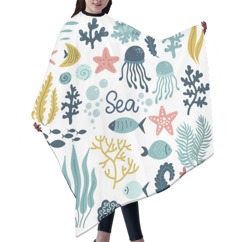 Personality  Underwater World Set Of Elements, Sea Okean, Cute Mollusks, Coral Medusa Plants And Fish, Vector Illustration Hand Drawing Hair Cutting Cape