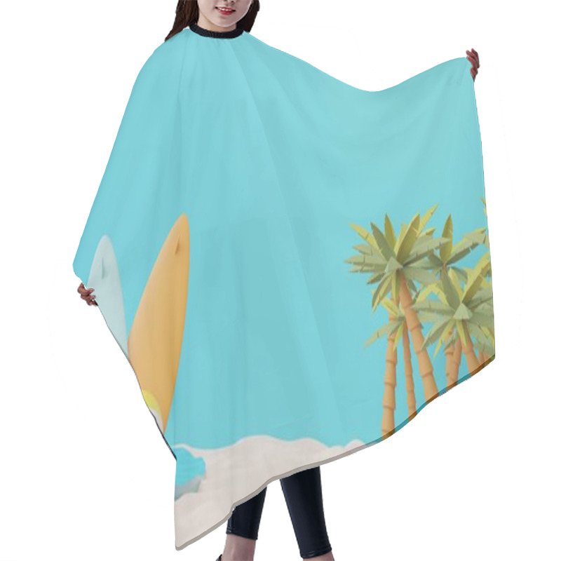 Personality  3d Render Of Abstract Minimal  Background For Showing Products Or Cosmetic Presentation With Summer Beach Scene. Summer Time Season With Beach Vacation Concept. Hair Cutting Cape