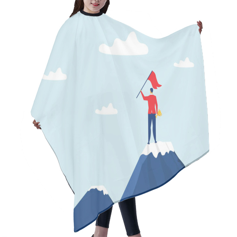 Personality  Business Success,man Standing On Top Of Mountain With Flag And Moving To Final Destination Point,leadership,people Reach Goal Concept Vector Illustration Hair Cutting Cape