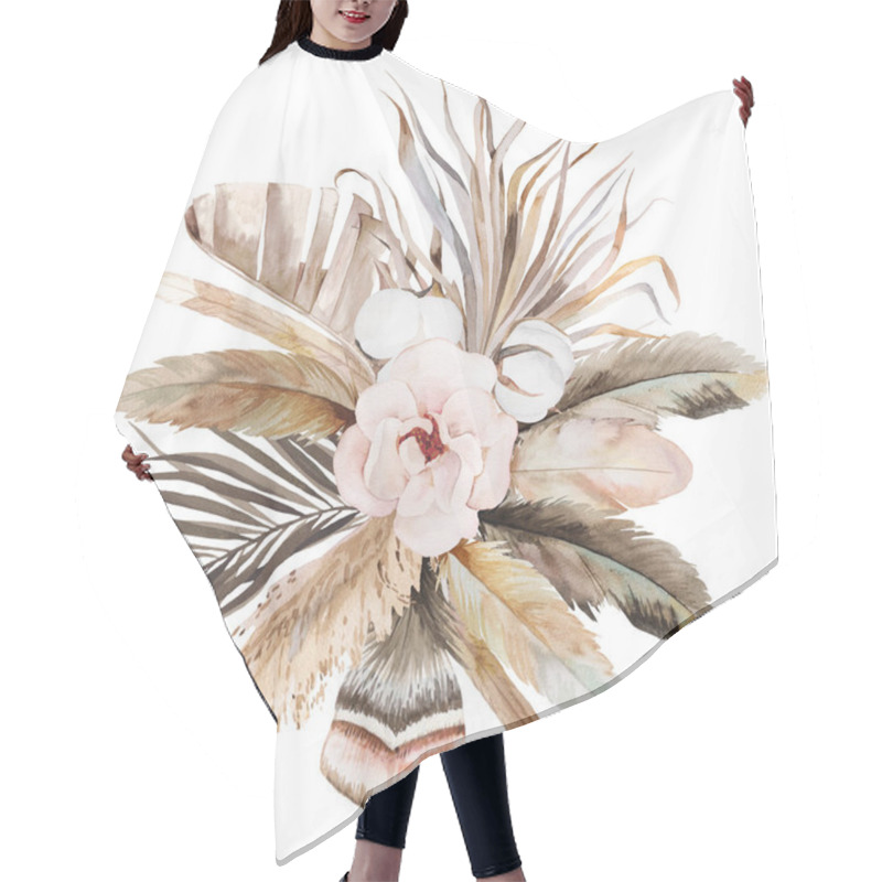 Personality  Watercolor Bohemian Bouquet With Feathers, Tropical Flowers, Dried Palm Leaves And Pampas Grass Illustration, Copy Space. Arrangement For Wedding Design Hair Cutting Cape