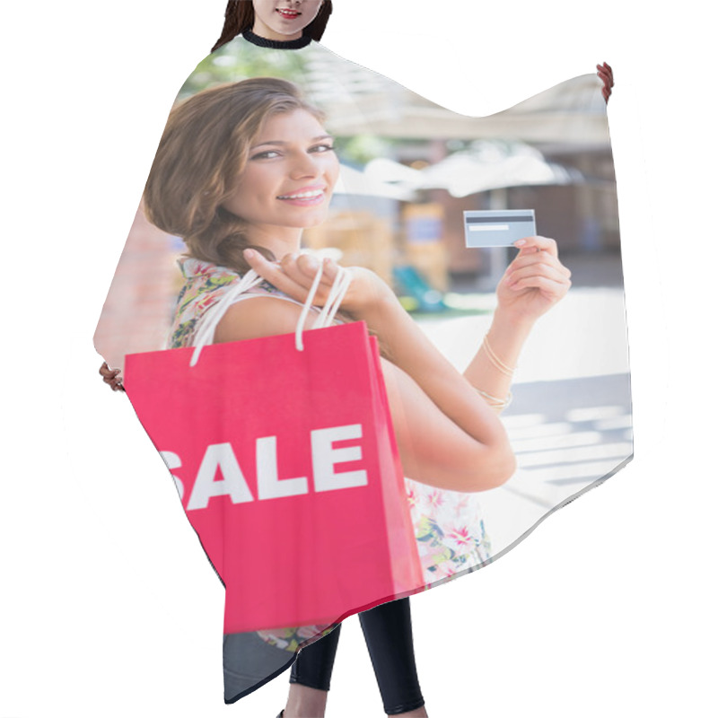 Personality  Woman With Sale Shopping Bag Showing Credit Hair Cutting Cape