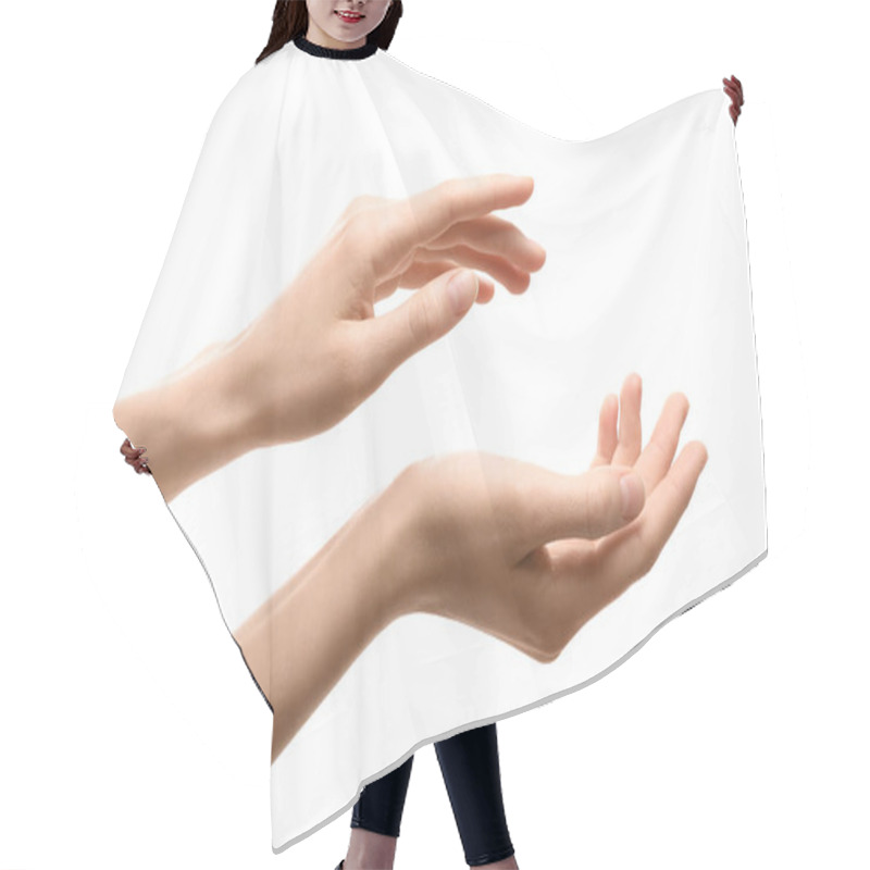 Personality  Woman With Beautiful Hands On White Background, Closeup Hair Cutting Cape