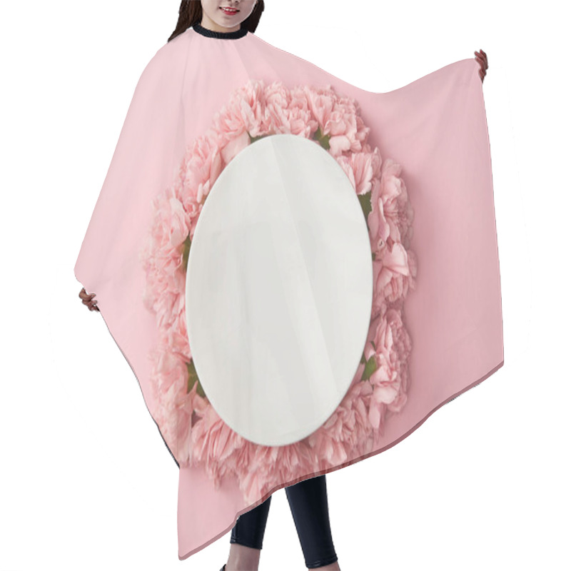 Personality  Top View Of Round White Plate And Beautiful Pink Flowers Isolated On Pink Background Hair Cutting Cape