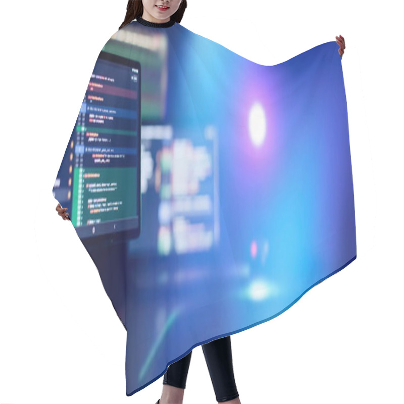 Personality  Running Computer Data Programming. Coding Script Text On Screen. Notebook Closeup Photo. Hair Cutting Cape