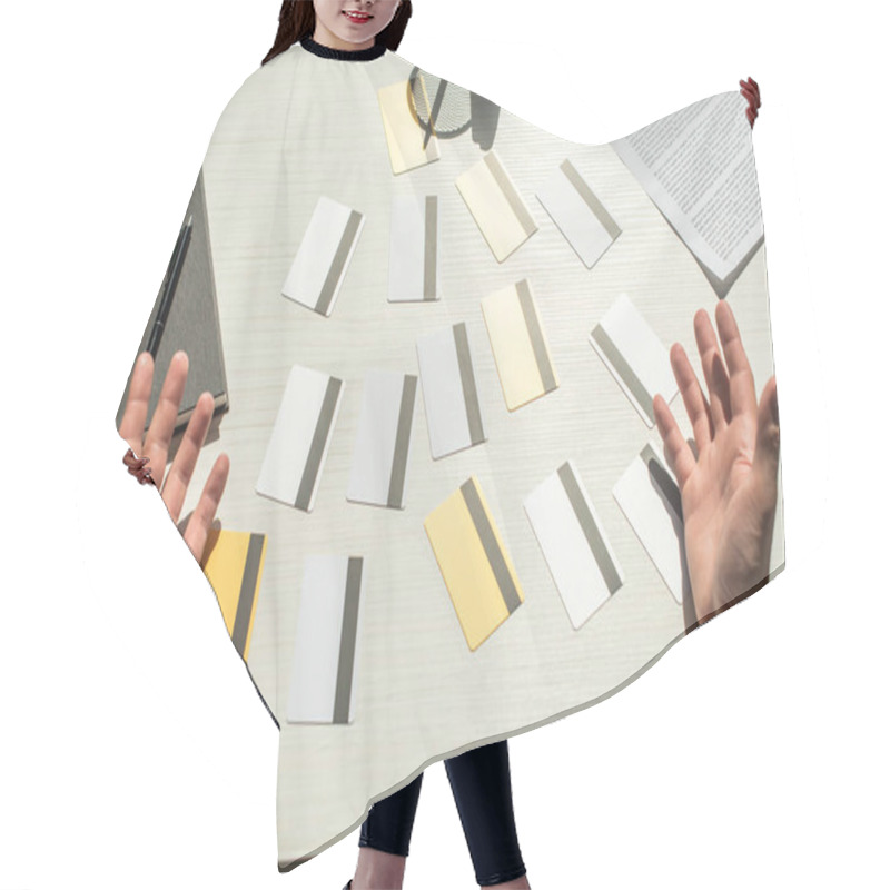 Personality  Cropped View Of Businessman Hands Near Credit Cards On White Textured Background Hair Cutting Cape