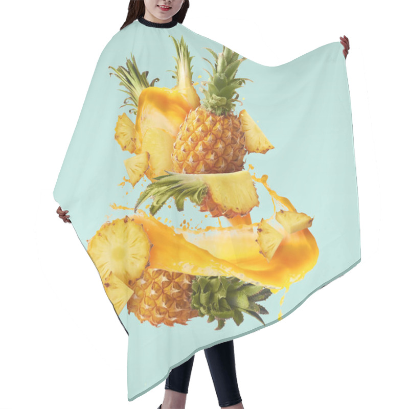 Personality  Flying In Air Fresh Ripe Whole And Cut Baby Pineapple With Slice Hair Cutting Cape