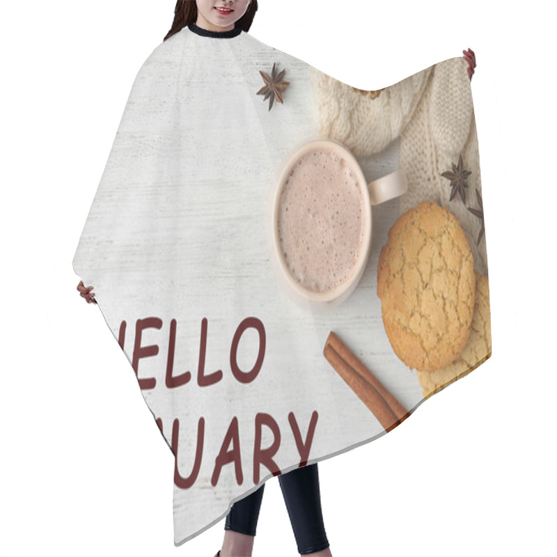 Personality  Hello January Greeting Card. Composition With Delicious Hot Cocoa Drink And Cookies On White Wooden Background, Flat Lay Hair Cutting Cape