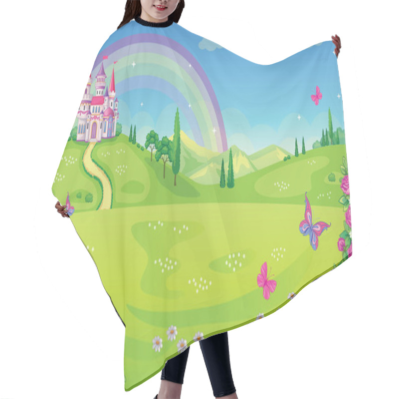 Personality  Fairytale Background With Flower Meadow. Wonderland. Cartoon, Children's Illustration. Princess's Castle And Rainbow. Fabulous Landscape. Beautiful Park Or Garden With Roses And Butterflies. Vector. Hair Cutting Cape