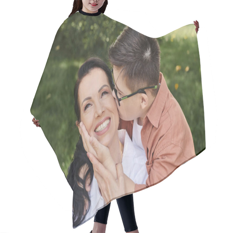 Personality  Preteen Boy With Down Syndrome, In Eyeglasses, Kissing Overjoyed Mother In Park, Unconditional Love Hair Cutting Cape