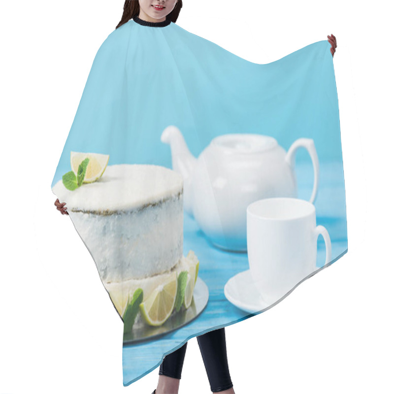 Personality  Cake Decorated With Slices Of Lime Near White Cup And Tea Pot Isolated On Blue Hair Cutting Cape