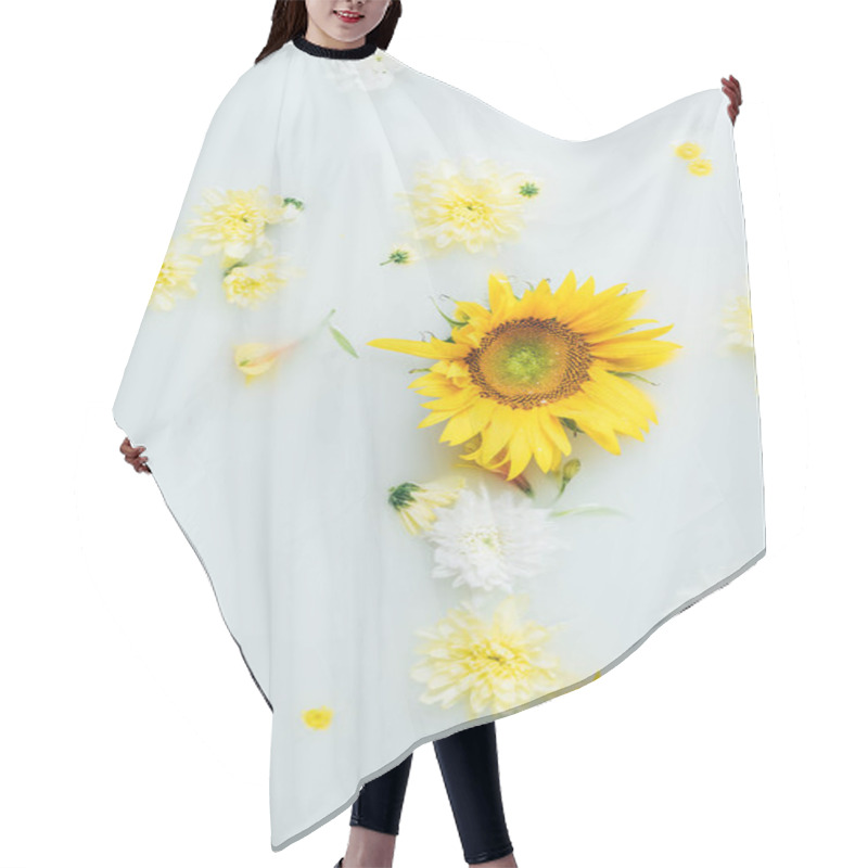 Personality  Top View Of Yellow Sunflower And Chrysanthemum Flowers In Milk Hair Cutting Cape