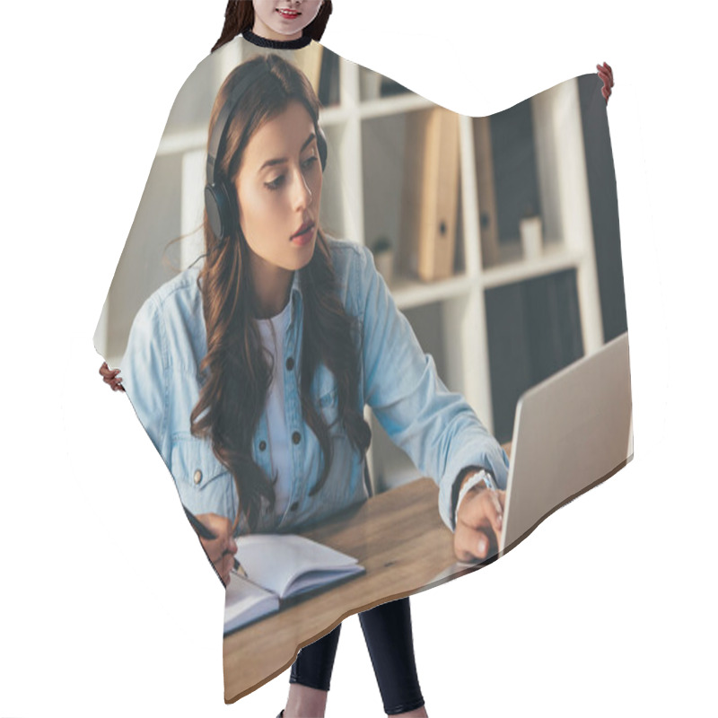 Personality  Portrait Of Focused Woman In Headphones Taking Part In Webinar In Office Hair Cutting Cape